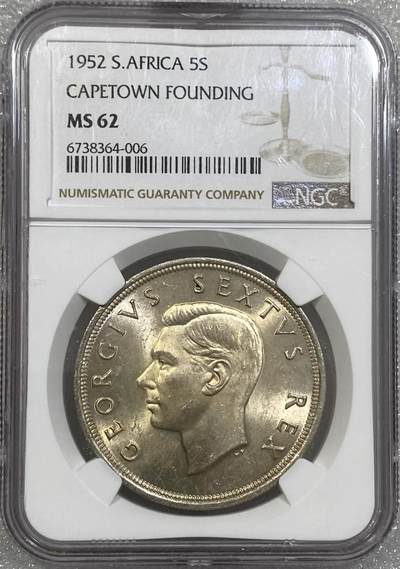 世界钱币专场拍卖 每周二开拍 - NGC MS62分1952年英属南非乔治六世5先令银币
