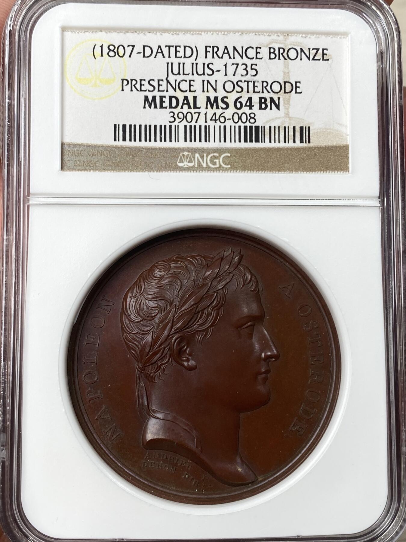 万国钱币拍卖第062期 NGC MS64 1807年法国拿破仑占领奥斯特洛德原铸大铜章 背面罗马将军法比尤斯·昆克托像 御用雕刻师Denon作品 41MM原铸红铜光收藏级