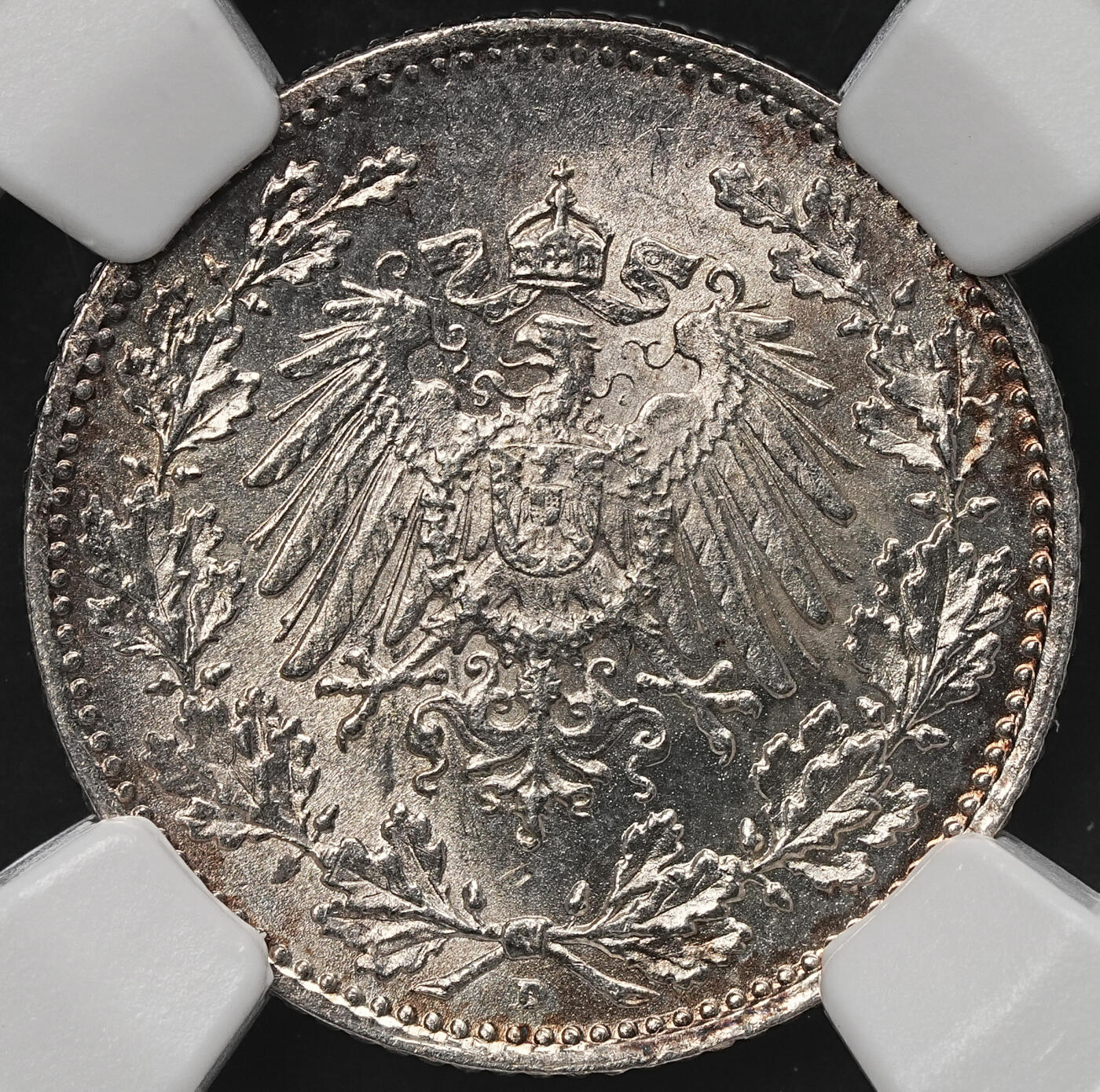 修遠堂世界钱币第107期 NGC MS65 1918年德国1/2马克银币 D厂铭