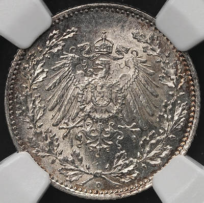 修遠堂世界钱币第107期 - NGC MS65 1918年德国1/2马克银币 D厂铭