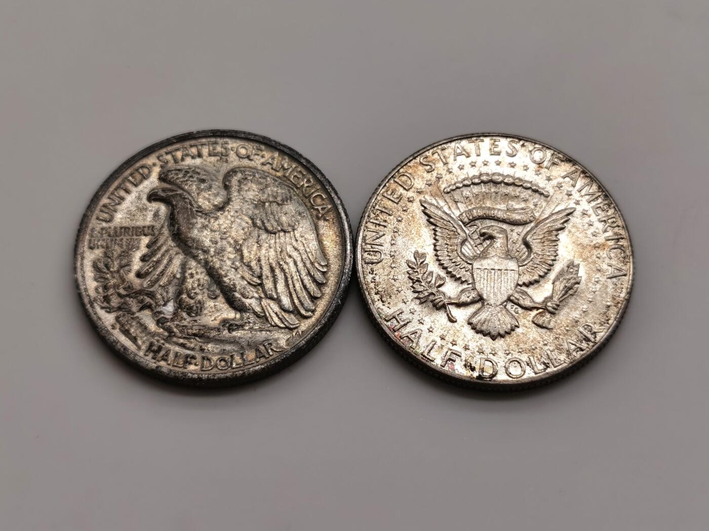 博洋堂世界钱币拍卖第164期（全场包邮） 美国1969年肯尼迪半美元UNC转光，美国1946年行走女神半美元，五彩包浆，好品好味道