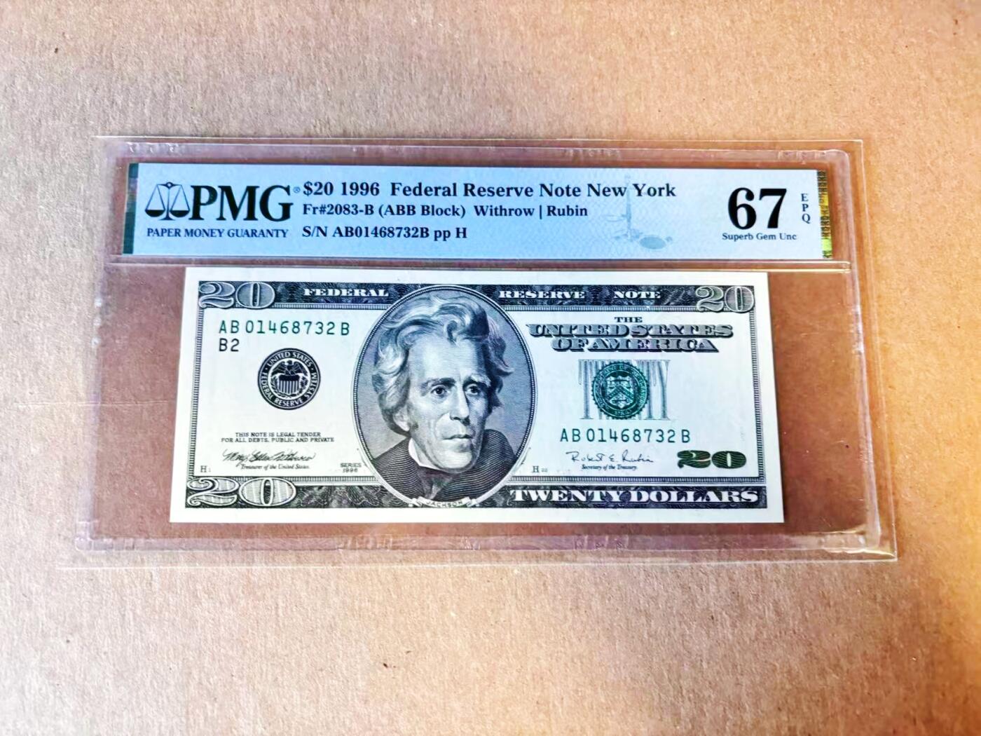 【Blue Auction】世界纸币精拍第794期——18级TOP拍卖/信誉/品质/专业/高效💫 美国 1996年20美金 PMG67EPQ   