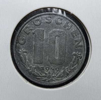 外国优质老铜币银币苏联纪念章，每周六晚九点倒数截拍，满百包邮可寄存，持续收拍 - 奥地利1949年10 格罗申，属二战后第二共和国货币体系。因战后金属匮乏，该币采用锌铸造，正面为奥地利国徽，1959 年退出流通，见证了奥地利早期经济复苏历程。