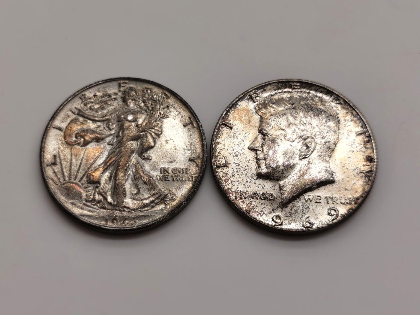 博洋堂世界钱币拍卖第164期（全场包邮） 美国1969年肯尼迪半美元UNC转光，美国1946年行走女神半美元，五彩包浆，好品好味道