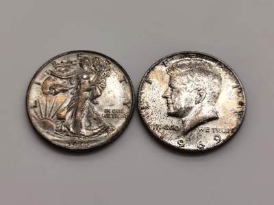 博洋堂世界钱币拍卖第164期（全场包邮） - 美国1969年肯尼迪半美元UNC转光，美国1946年行走女神半美元，五彩包浆，好品好味道