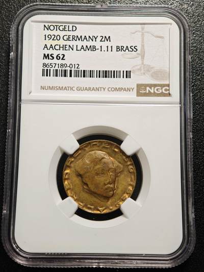 【德藏】世界币章拍卖第167期（拍品征集中~欢迎藏友联系） - 1920年 德国德紧时期亚琛2马克铜币 NGC MS62 状态极佳