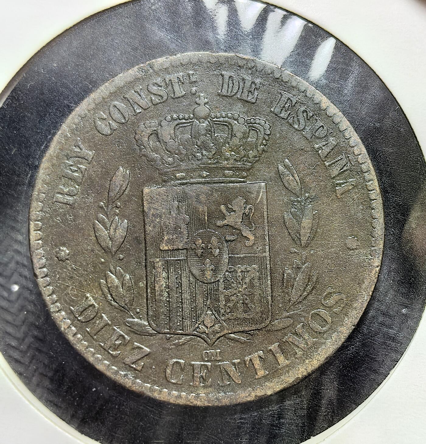 外国优质老铜币银币苏联纪念章，每周六晚九点倒数截拍，满百包邮可寄存，持续收拍 西班牙1879年阿方索十二世10 分铜币，属波旁王朝复辟时期流通币。正面为国王侧像，背面是加冕国徽，见证西班牙君主立宪制确立与战后经济重建，1941 年正式停用。