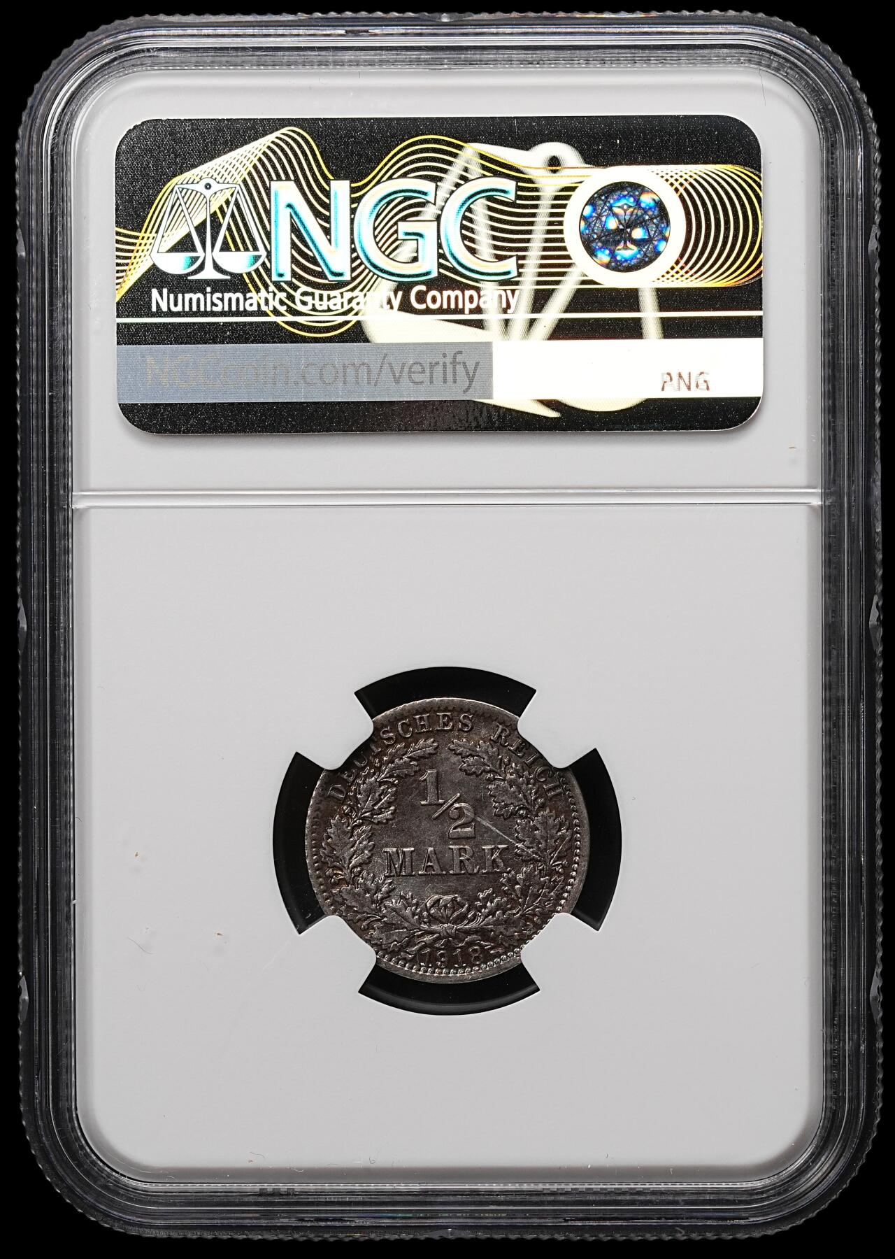 修遠堂世界钱币第107期 NGC MS64 1918年德国1/2马克银币 A厂铭 通体黑彩