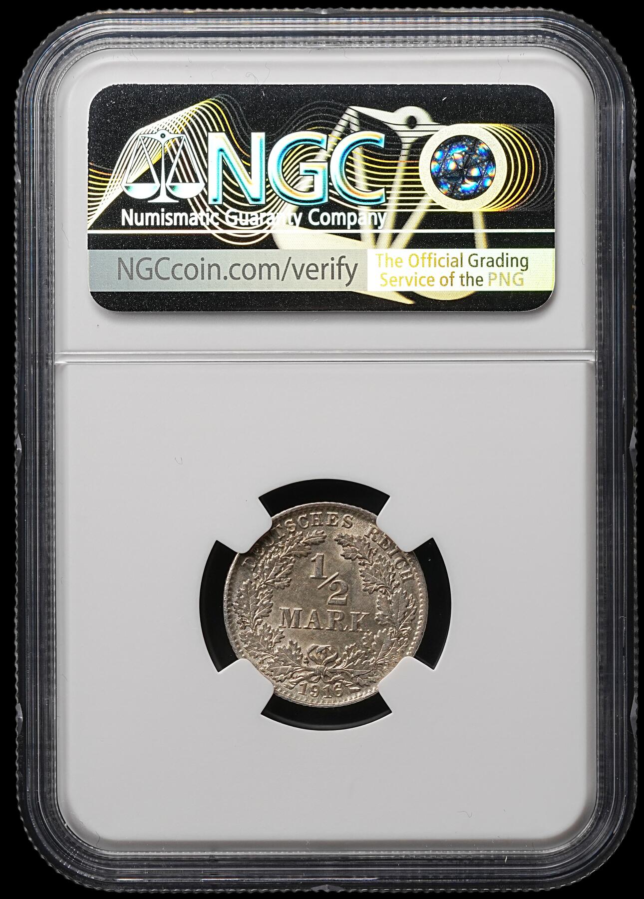 修遠堂世界钱币第107期 NGC MS64 1916年德国1/2马克银币 D厂铭