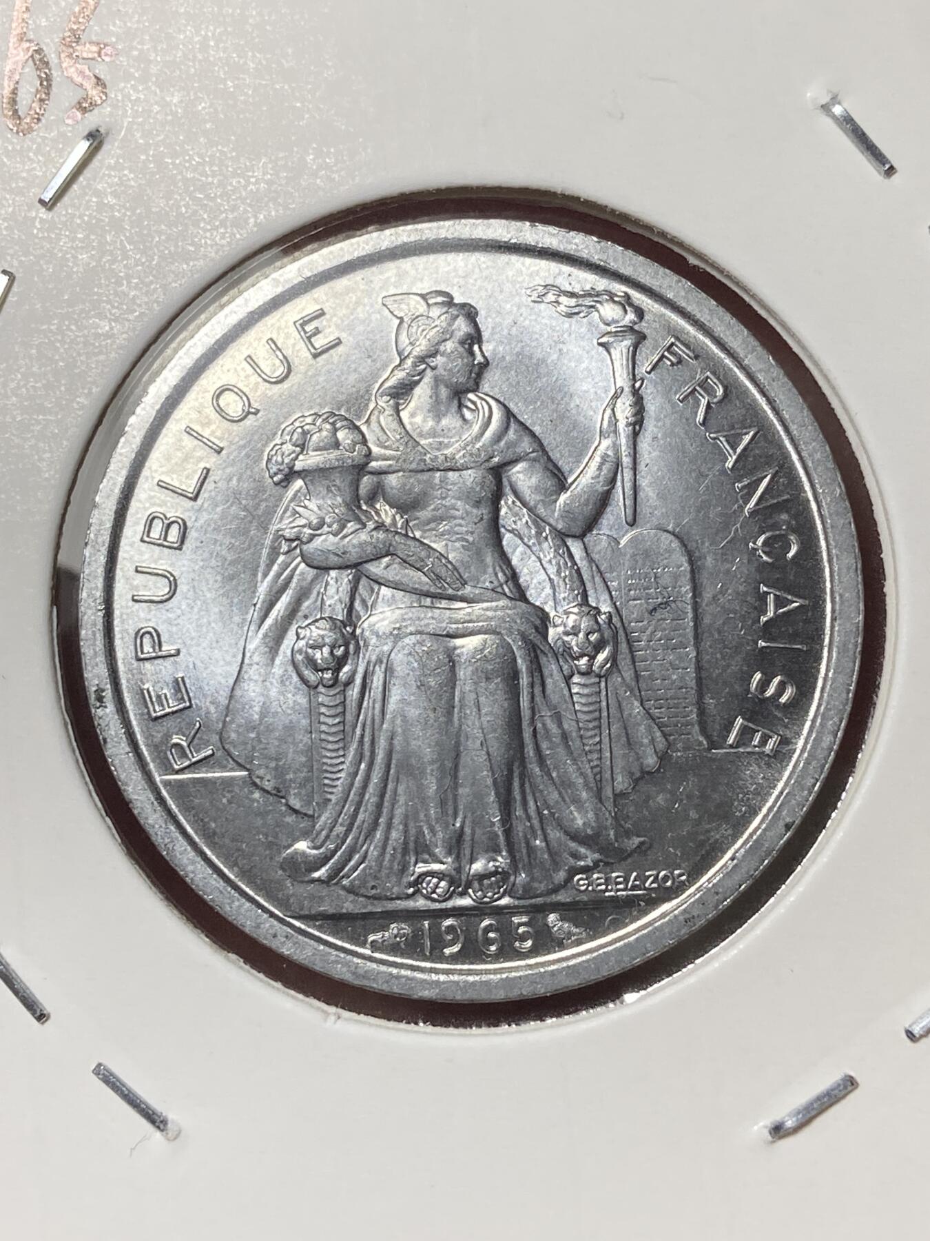 2026年第三十五场(总第二百零四场）外国精品纸夹币场(免佣金) 原光好品–法属波利尼西亚🇵🇫1965单年份2法郎(首套流通硬币)