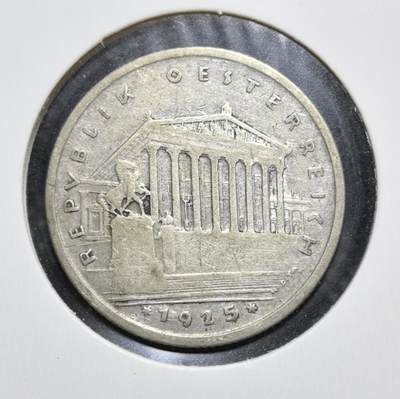 外国优质老铜币银币苏联纪念章，每周六晚九点倒数截拍，满百包邮可寄存，持续收拍 - 奥地利1925年1先令银币，为稳定一战后恶性通胀，奥地利于 1925 年发行先令取代克朗，1 先令 = 10000 旧克朗。硬币正面为奥地利国徽与月桂枝，背面是维也纳国会大厦，见证了奥地利第一共和国的货币改革与经济重建。