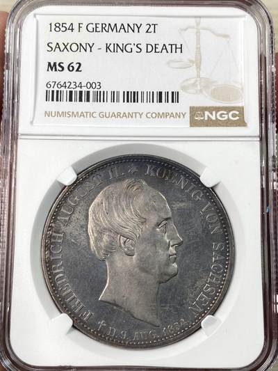 万国钱币拍卖第062期 - NGC MS62 1854年德国萨克森奥古斯特二世逝世双神2泰勒 双面淡香槟色调类镜面喷砂质感状态炸裂