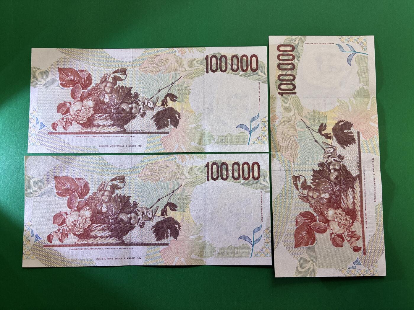 咖啡豆•收藏 2026年Mar_18th世界各国纸币拍卖 3枚 意大利 1994年 100000里拉 全新UNC连号 外国纸币