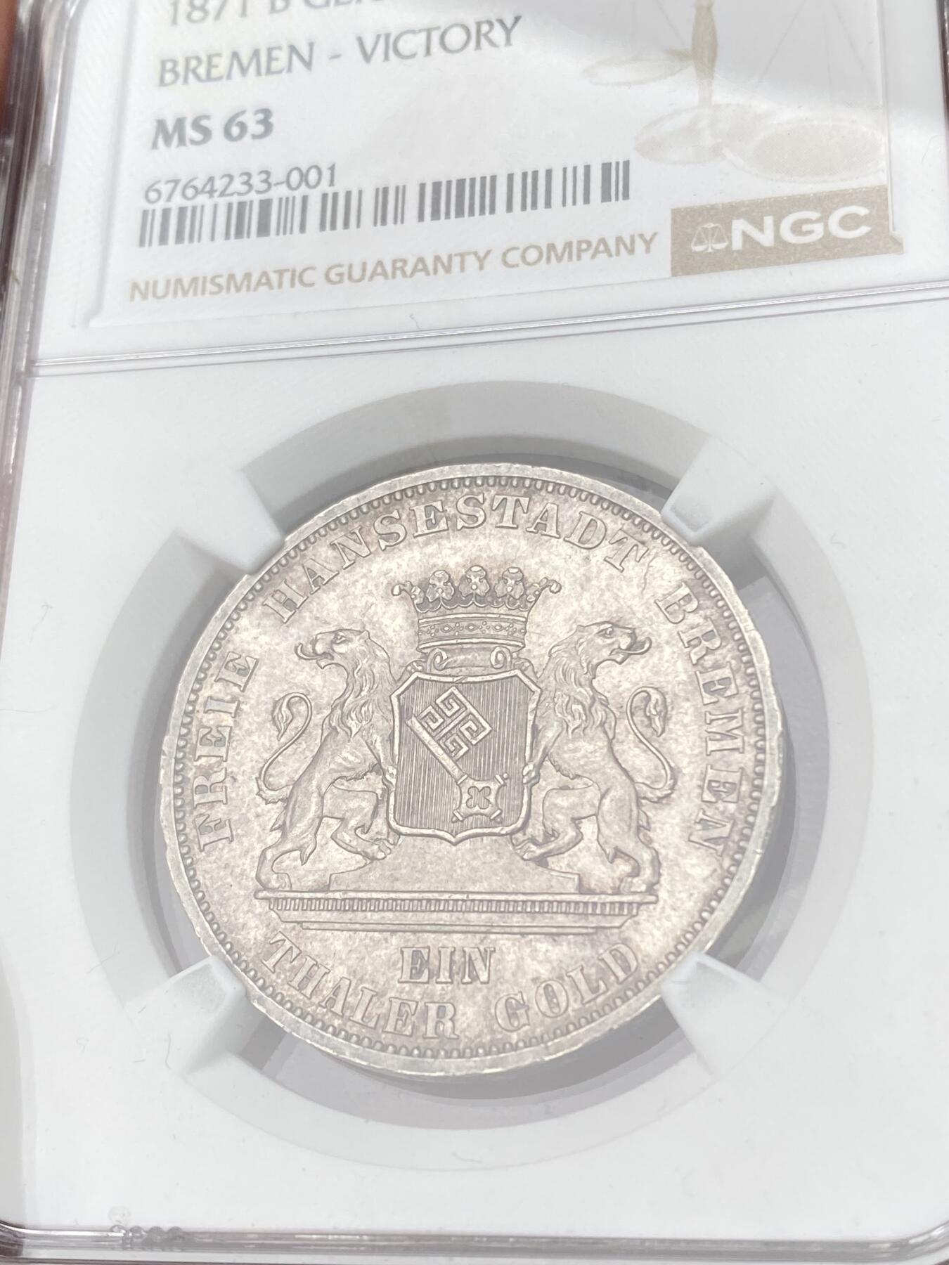 万国钱币拍卖第062期 NGC MS63 1871不莱梅自由市普法战争胜利泰勒 原味转光银灰包浆高点极佳