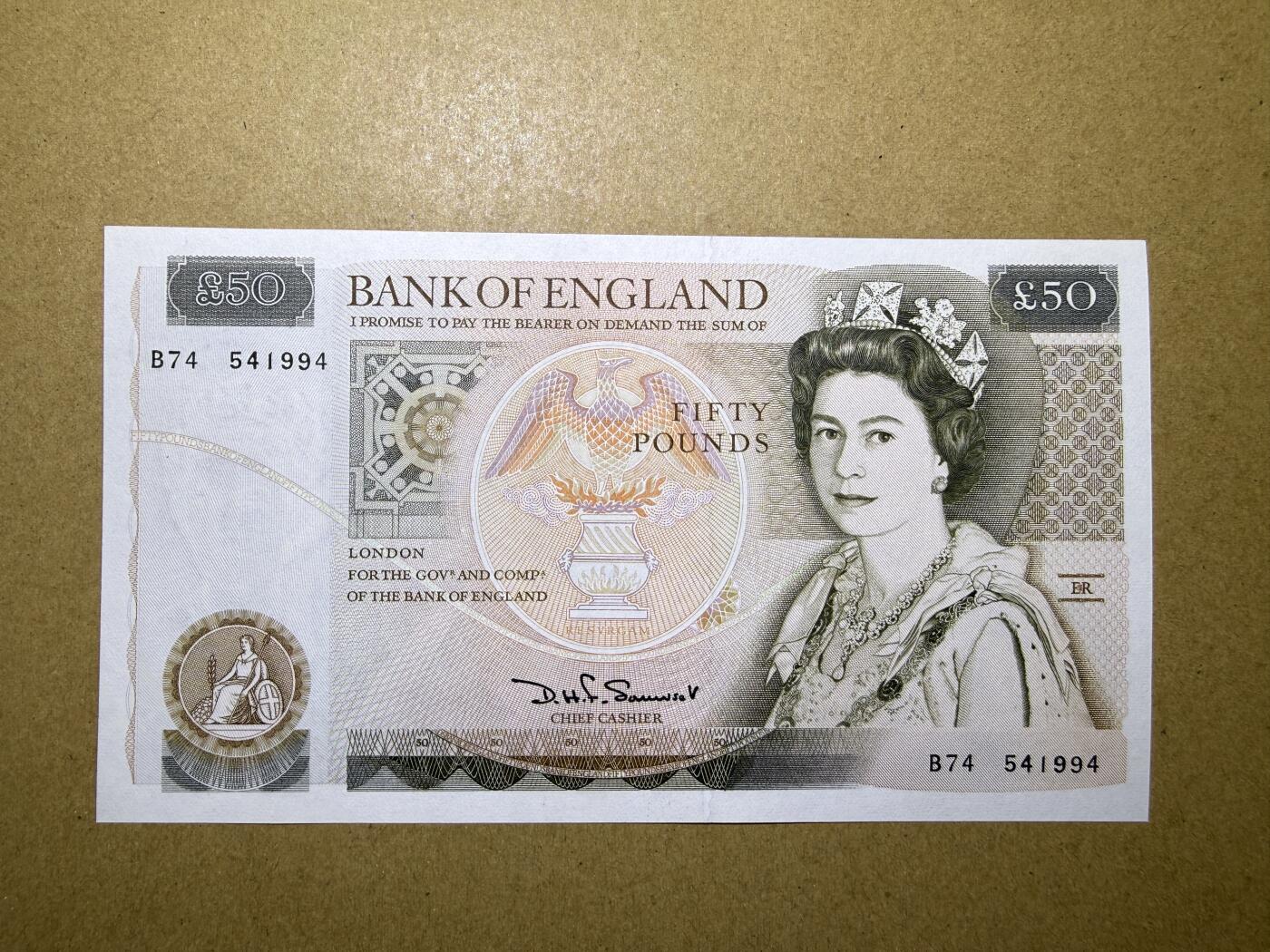 《艾美收藏》第236期-3.15周日外币畅拍 英格兰50镑 UNC D序列 首签a版 背面荧光下有处小亮点