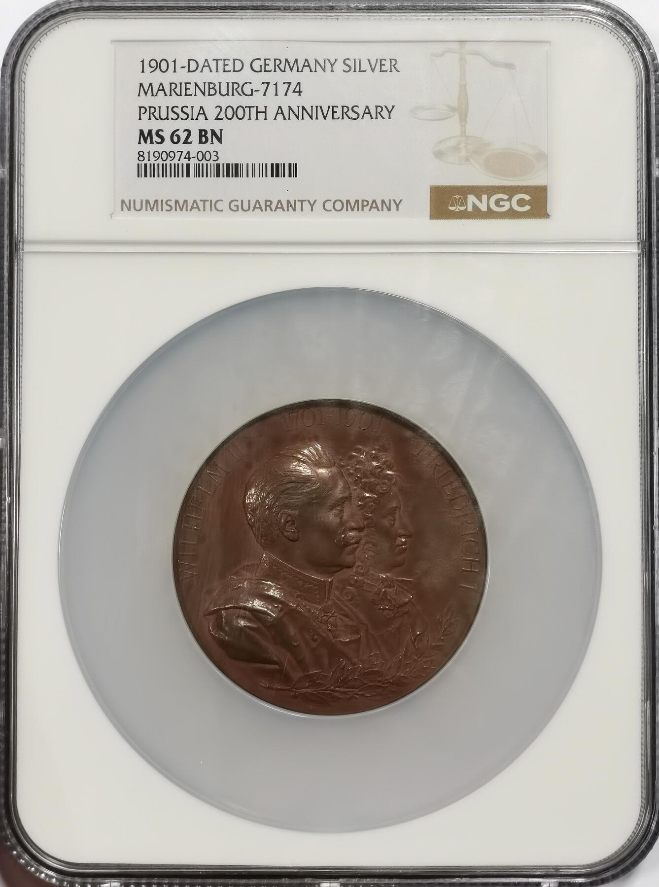 博洋堂世界钱币拍卖第164期（全场包邮） NGC MS62 德国1901年纪念普鲁士王国成立200周年纪念大铜章，直径58.5mm，正面为普鲁士第一任国王腓特烈一世与德皇威廉二世，背面为女神端坐于王位，头戴头盔手持长矛，右手在盾牌，左手拿着月桂花环，稀少品种