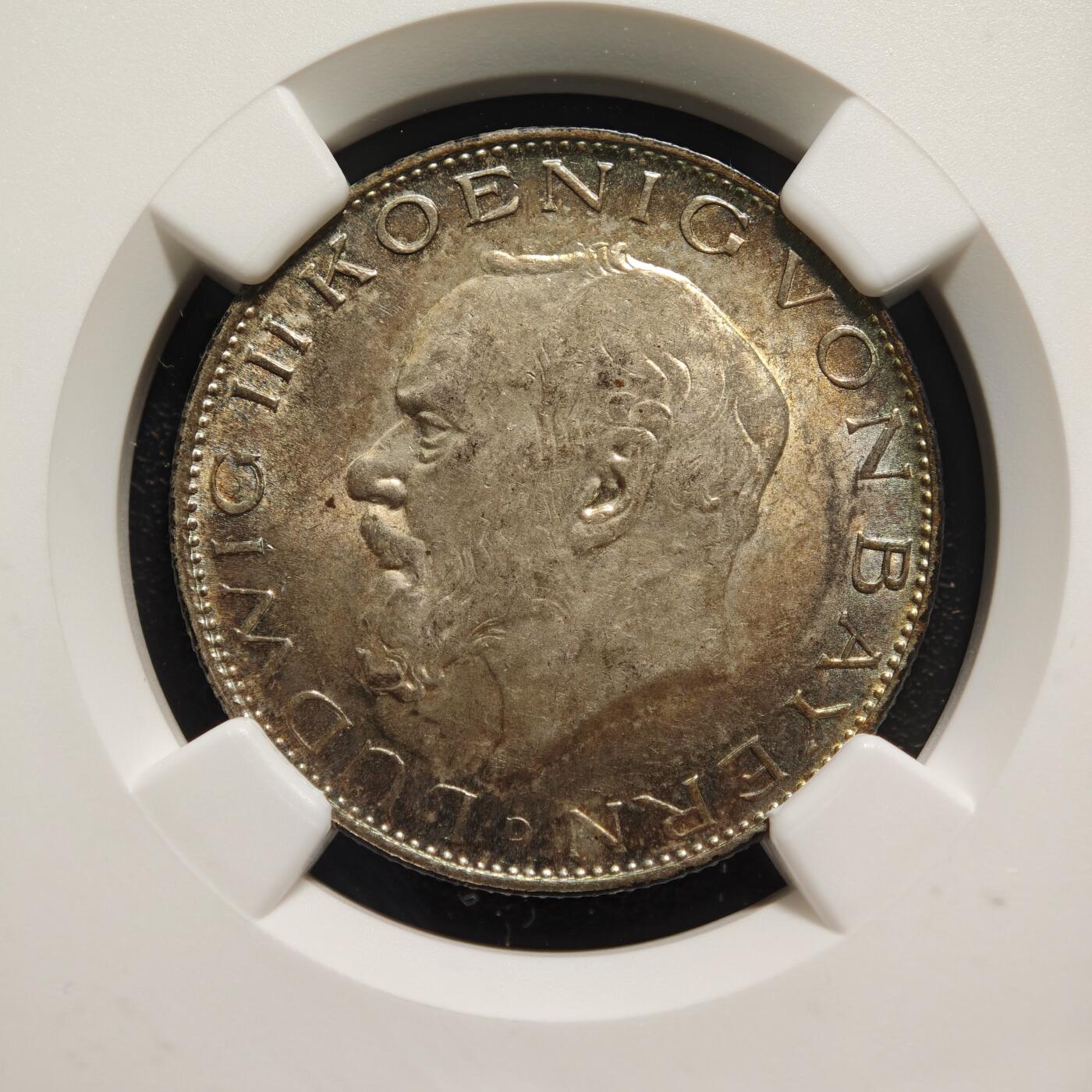 【德藏】世界币章拍卖第167期（拍品征集中~欢迎藏友联系） 1914年 德国巴伐利亚2马克银币 NGC MS63 五彩包浆 状态极佳