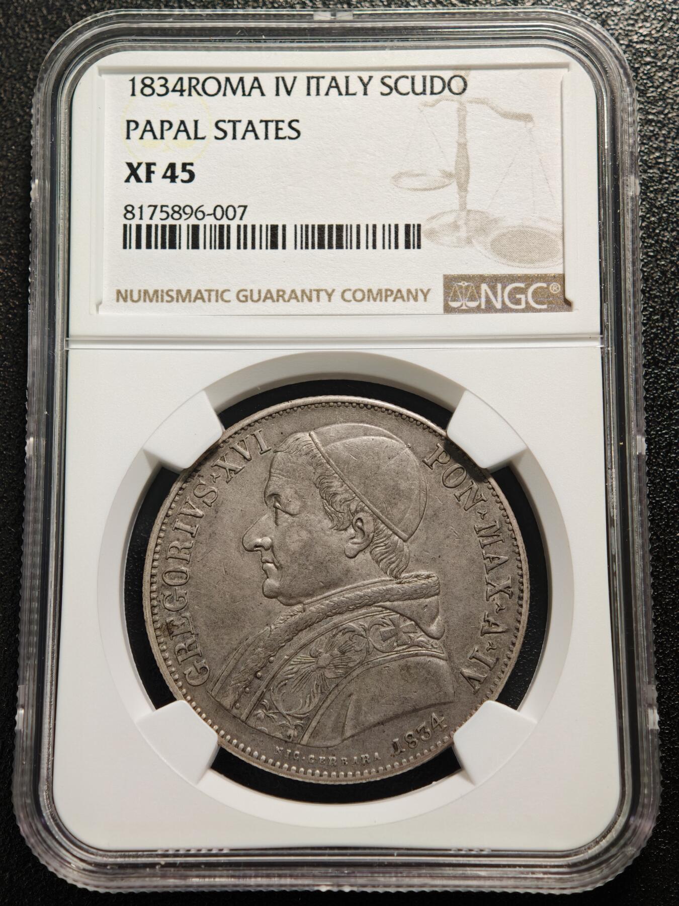 【德藏】世界币章拍卖第167期（拍品征集中~欢迎藏友联系） 1834年 梵蒂冈格里高利十六世1斯库多银币 NGC XF45 原味包浆