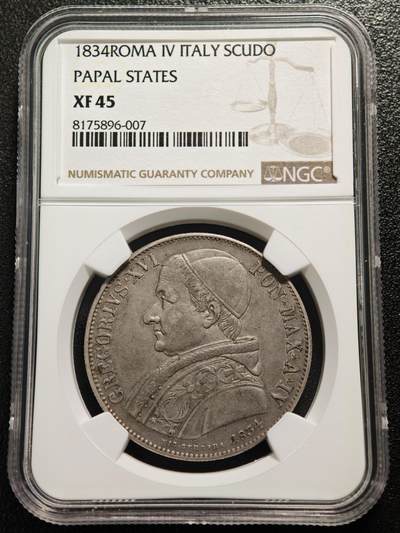 【德藏】世界币章拍卖第167期（拍品征集中~欢迎藏友联系） - 1834年 梵蒂冈格里高利十六世1斯库多银币 NGC XF45 原味包浆