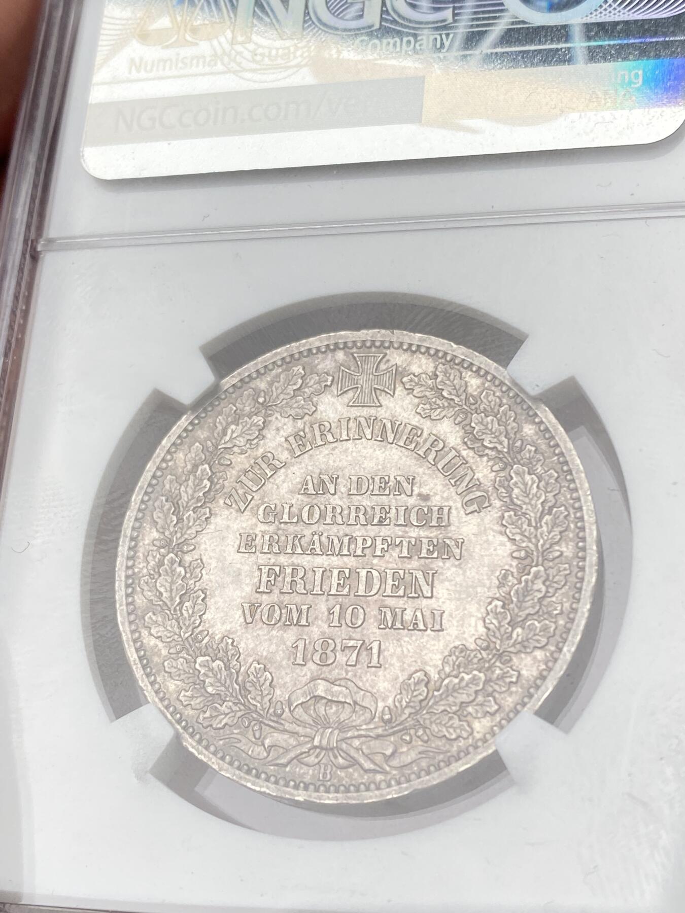 万国钱币拍卖第062期 NGC MS63 1871不莱梅自由市普法战争胜利泰勒 原味转光银灰包浆高点极佳