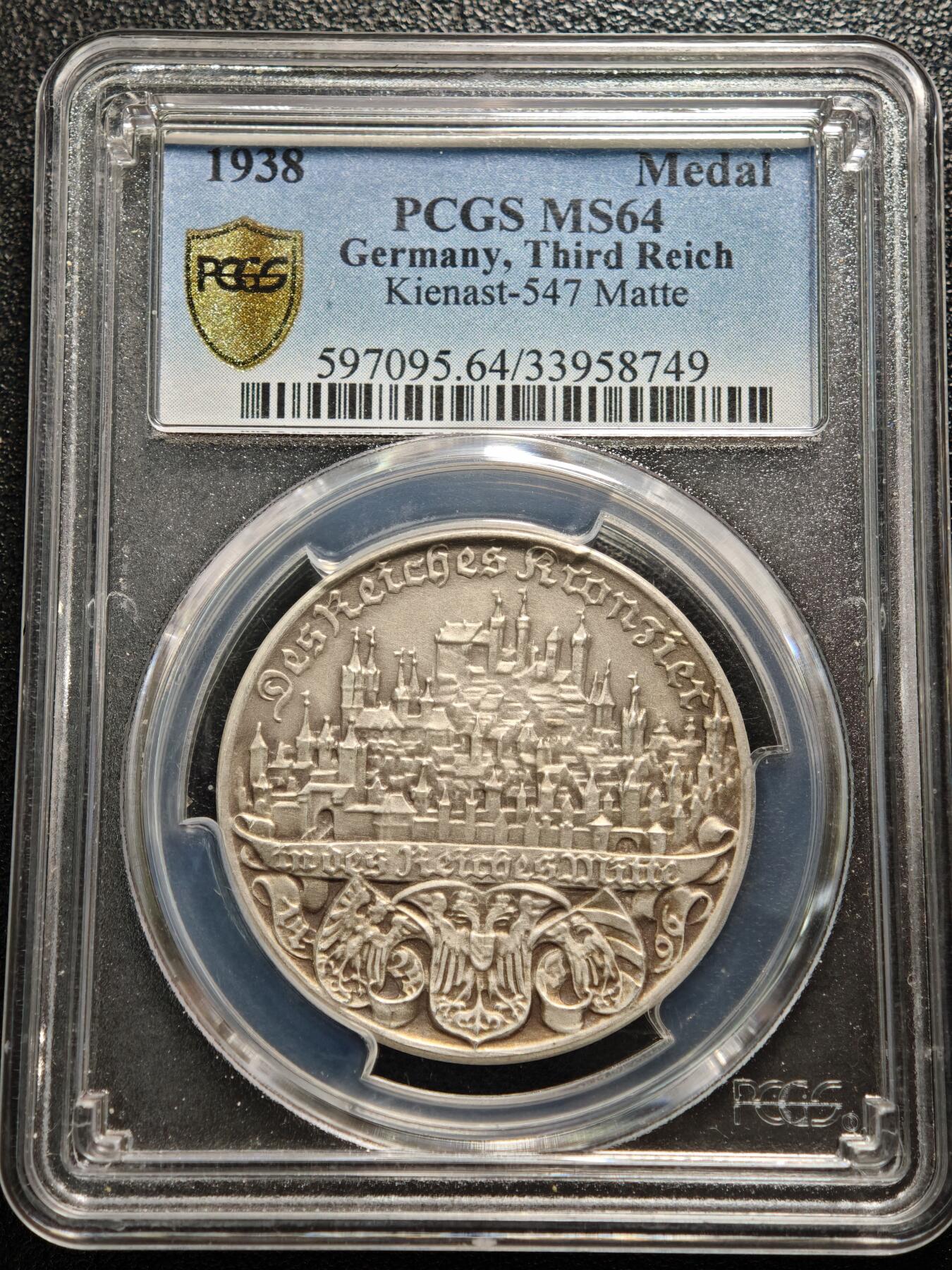 【德藏】世界币章拍卖第167期（拍品征集中~欢迎藏友联系） 1938年 德国民族社会主义工人党纽伦堡党代会纪念大银章 名家卡尔歌茨作品 PCGS MS64 原味淡包浆 磨砂质感（原图请查询PCGS评级官网）