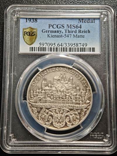 【德藏】世界币章拍卖第167期（拍品征集中~欢迎藏友联系） - 1938年 德国民族社会主义工人党纽伦堡党代会纪念大银章 名家卡尔歌茨作品 PCGS MS64 原味淡包浆 磨砂质感（原图请查询PCGS评级官网）