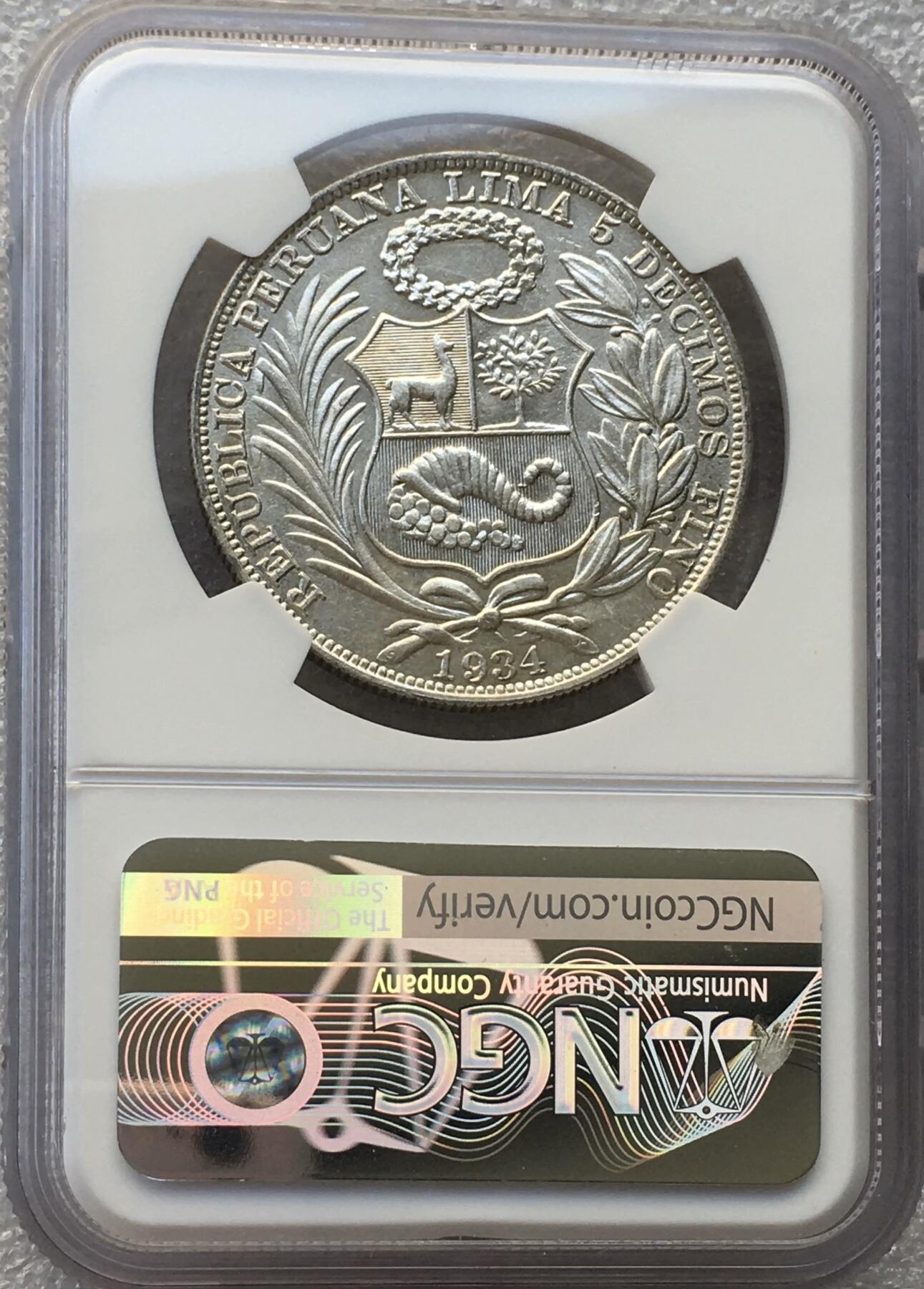 世界钱币专场拍卖 每周二开拍 NGC AU58分1934年秘鲁坐洋女神一索尔银币
