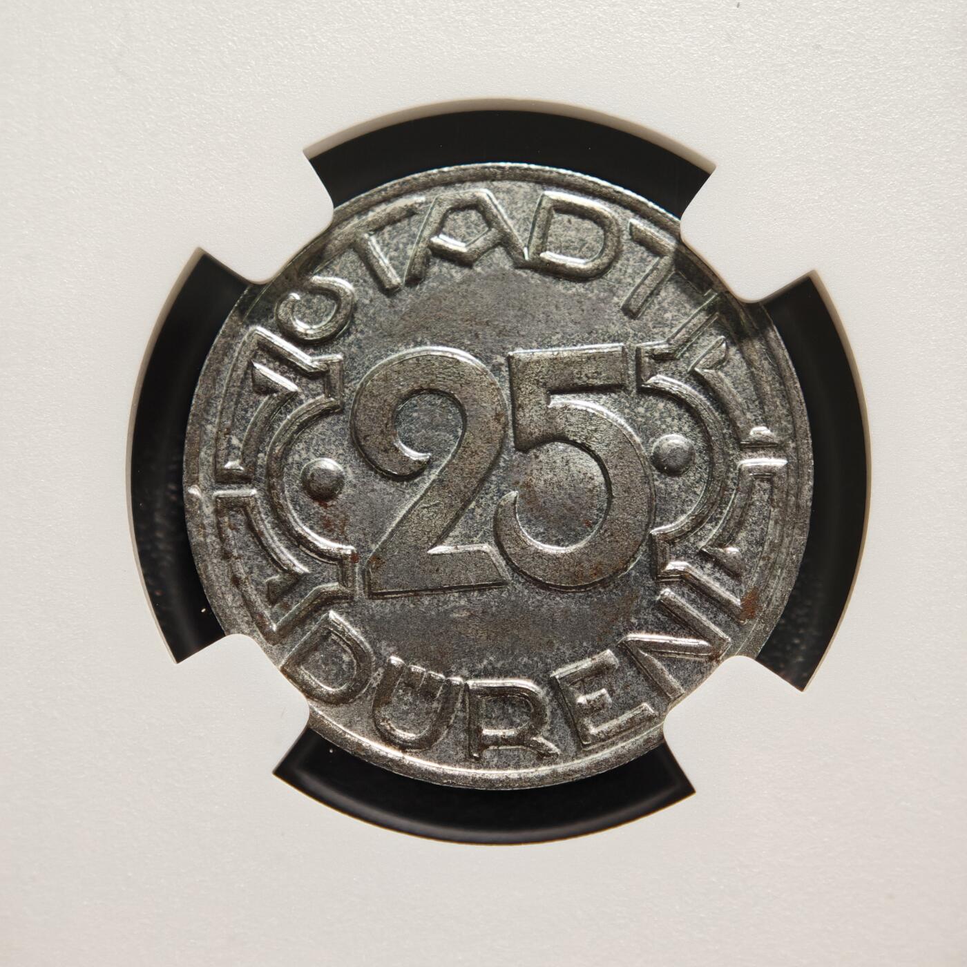 【德藏】世界币章拍卖第167期（拍品征集中~欢迎藏友联系） 1919年 德国紧急时期迪伦矿工25芬尼铁币 NGC MS62 保存不易 状态极佳