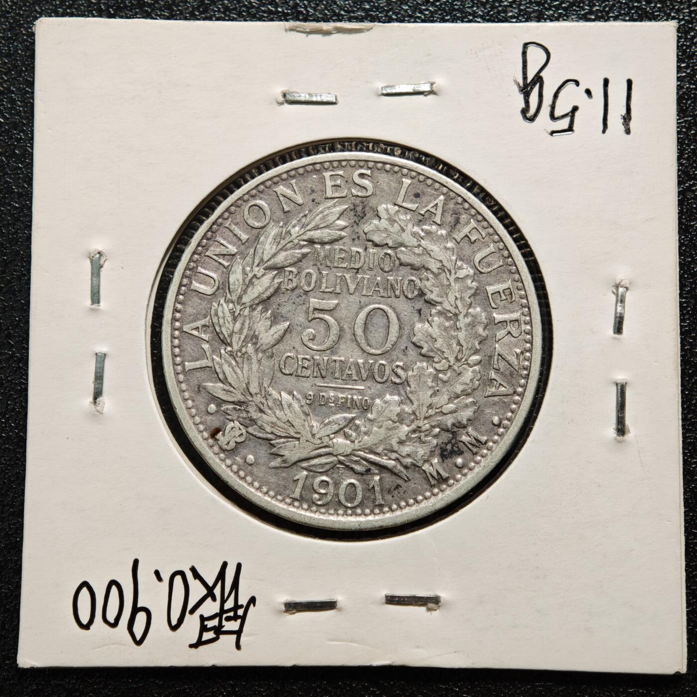 【德藏】世界币章拍卖第167期（拍品征集中~欢迎藏友联系） 老藏家集藏系列之- 1901年 玻利维亚50分银币 900银 重约：11.5g 入册20余年·附有当年购入价