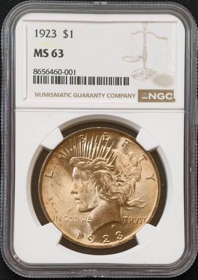 甄臻铺-世界币章拍卖（第54期），3月28日甄品场拍品征集中，送拍享返佣金等优惠多多 - NGC-MS63 美国1923年和平1美元银币 暴力十字转光，带彩的不多，金黄美包浆，值得入手