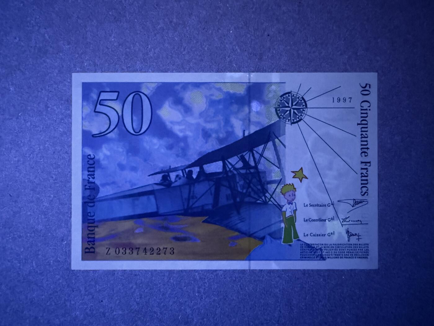 《艾美收藏》第236期-3.15周日外币畅拍 法国50法郎 UNC 1997年Z冠小王子 局部荧光