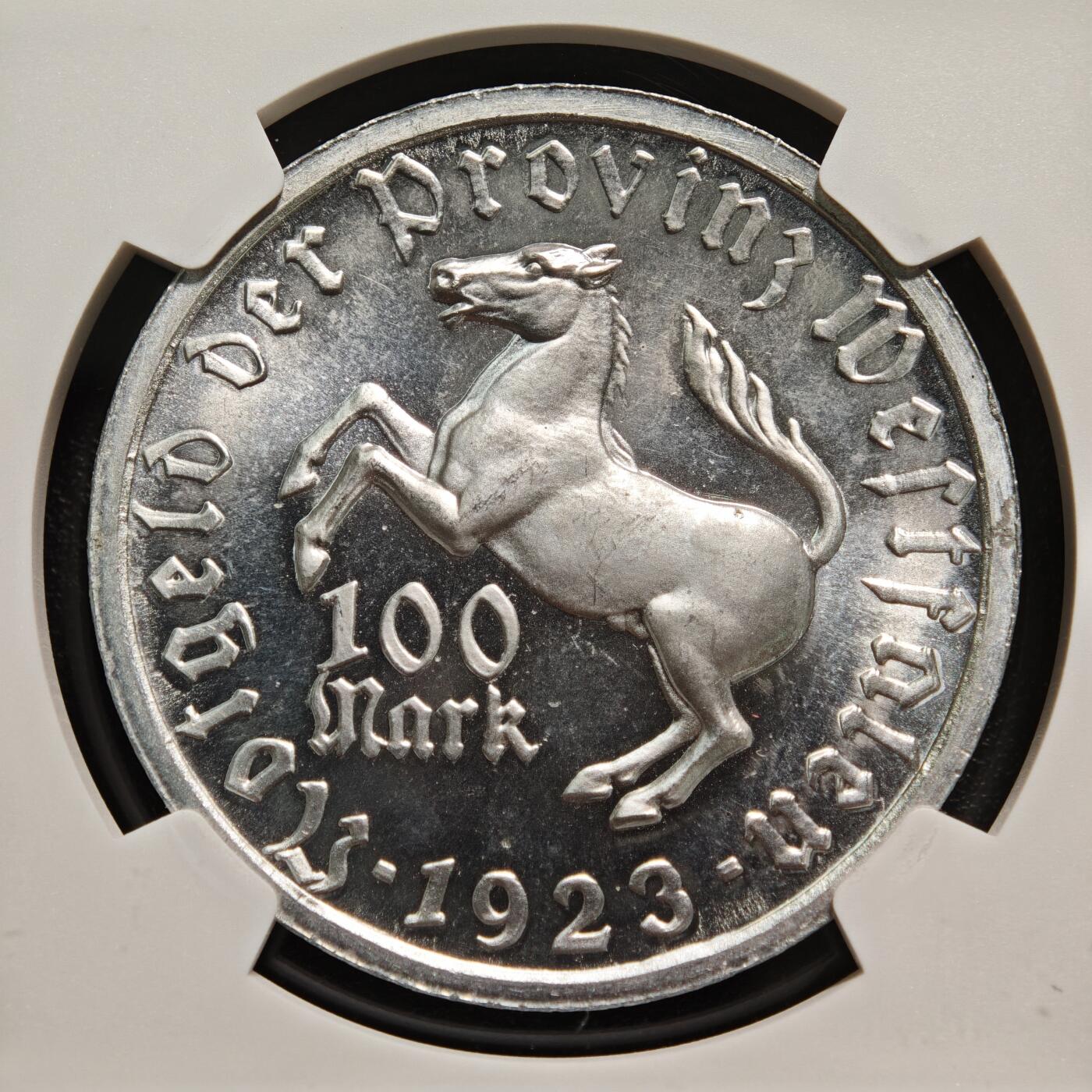 【德藏】世界币章拍卖第167期（拍品征集中~欢迎藏友联系） 1923年 德国德紧威斯特法伦女诗人像100马克马币铝币 NGC MS64 女诗人像最大面值