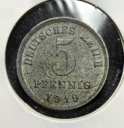 外国优质老铜币银币苏联纪念章，每周六晚九点倒数截拍，满百包邮可寄存，持续收拍 - 德意志帝国1919年5芬尼F版，正面为帝国鹰国徽，背面是面值与年份。发行于一战期间，因战时金属短缺改用铁铸，见证德国战时经济管控与帝国末期的历史变迁。