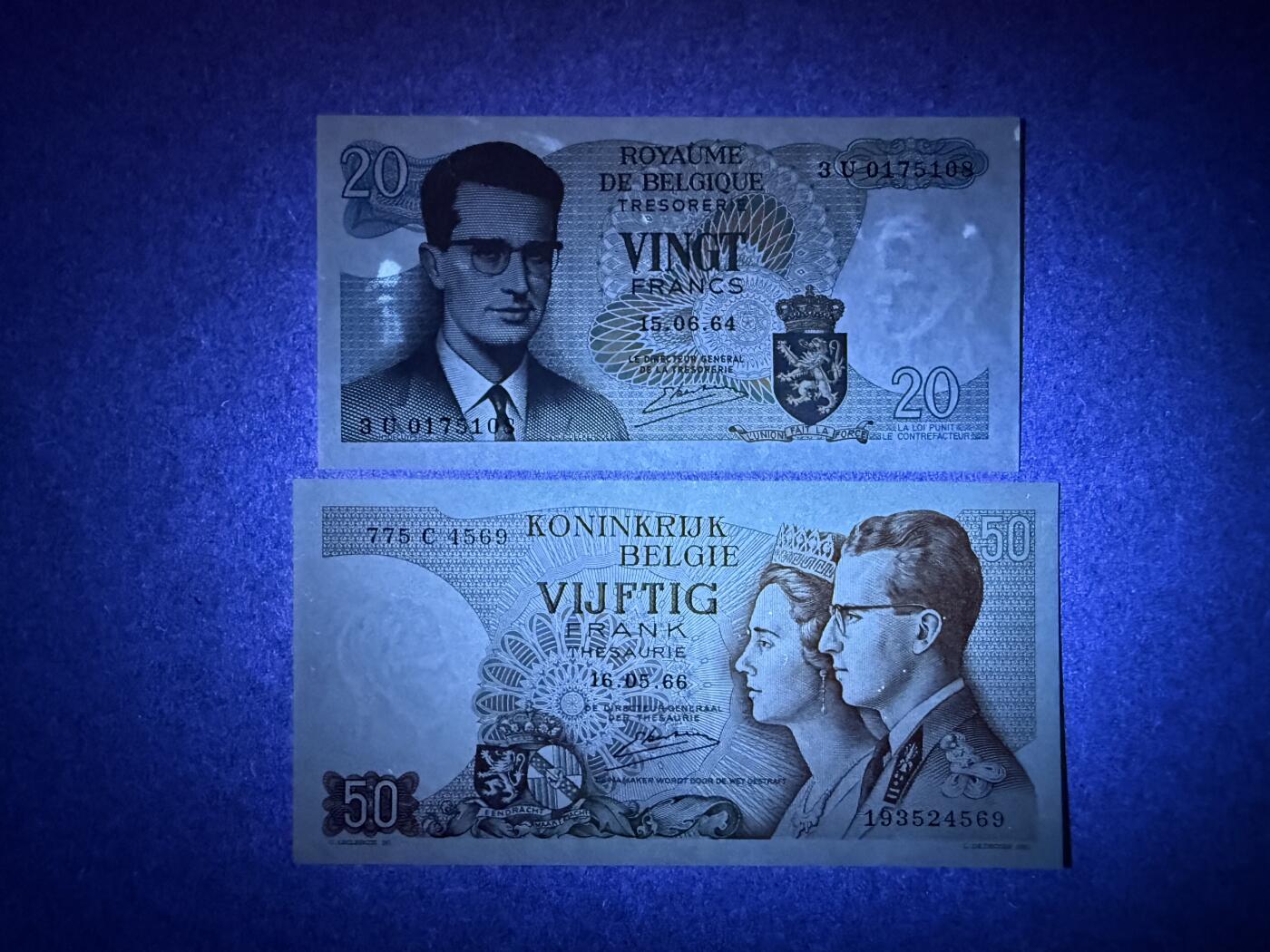 《艾美收藏》第236期-3.15周日外币畅拍 比利时50、100法郎2张 AU 1966年