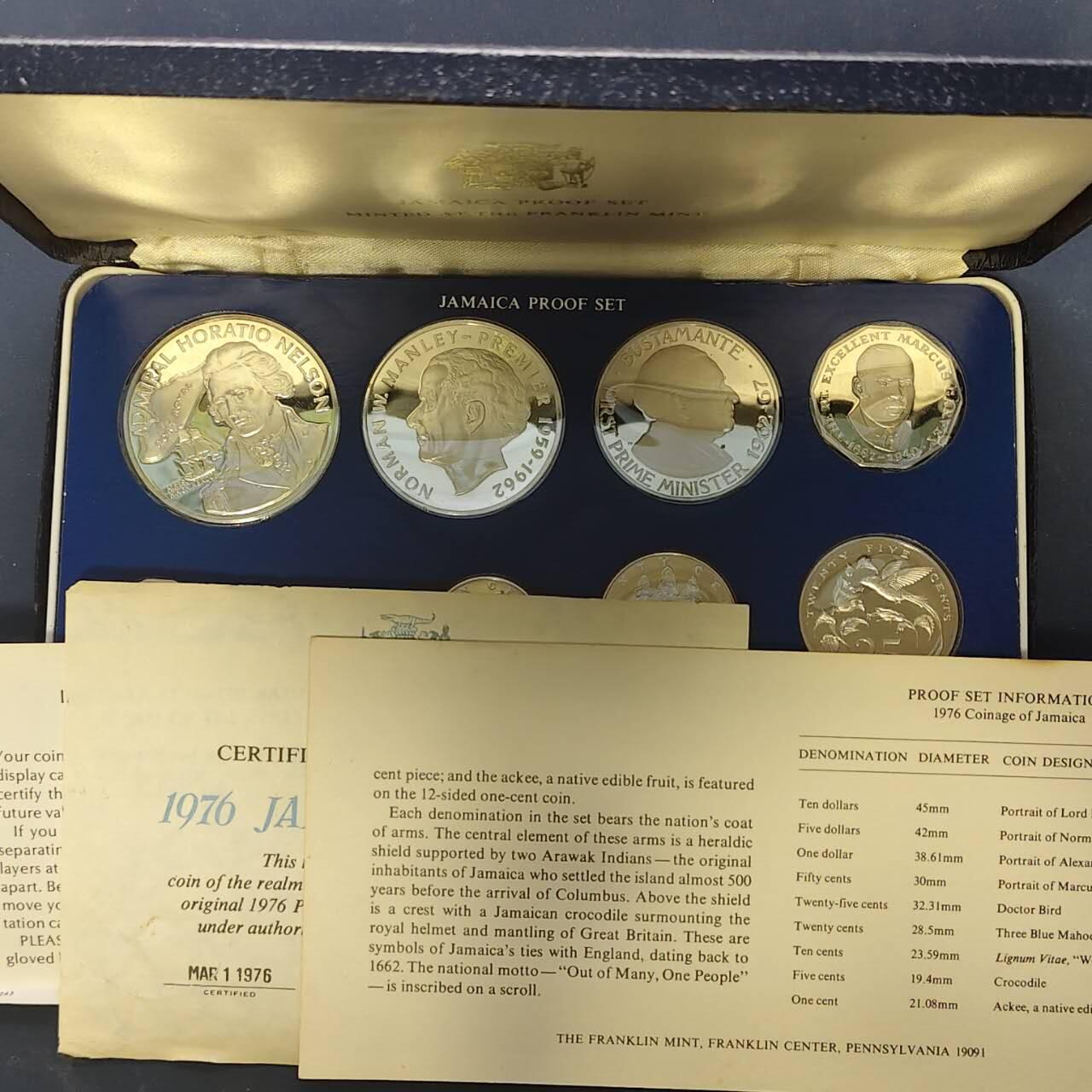 【全场包邮】纯粹捡漏拍513场 牙买加1976年官方封装精制套币-盒证全-含纳尔逊将军银币【45毫米42.8克92.5%】+诺曼·曼利银币【45毫米37.6克50%】【共计含纯银58.39克】