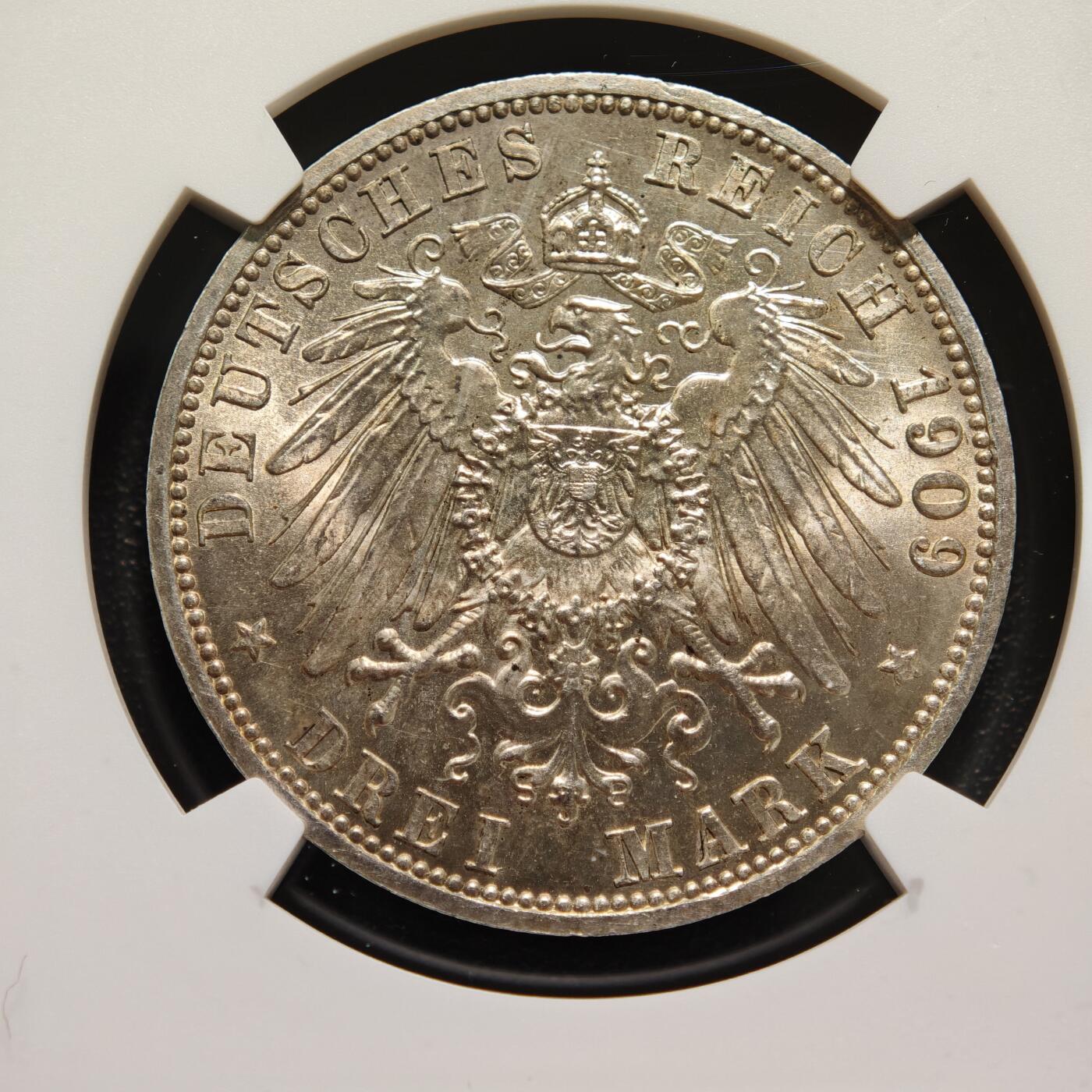 【德藏】世界币章拍卖第167期（拍品征集中~欢迎藏友联系） 1909年 德国普鲁士威廉二世3马克银币 NGC MS63 原光十足