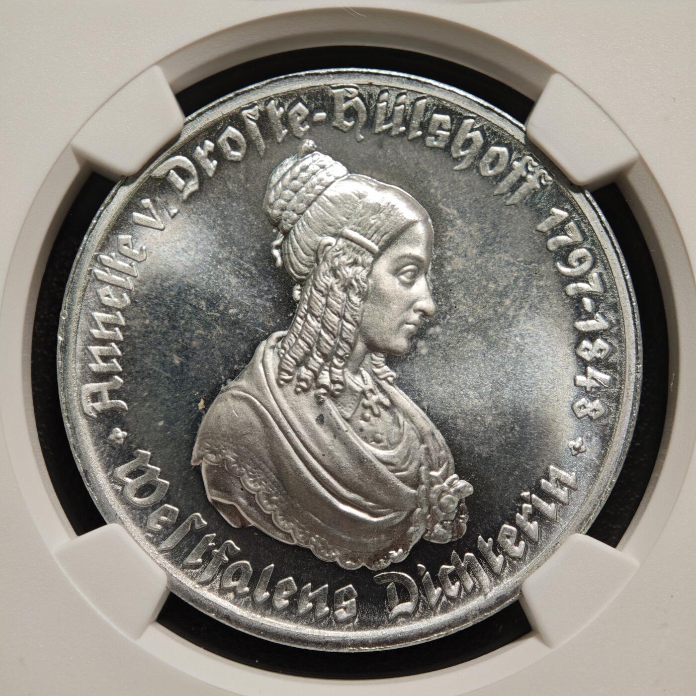 【德藏】世界币章拍卖第167期（拍品征集中~欢迎藏友联系） 1923年 德国德紧威斯特法伦女诗人像100马克马币铝币 NGC MS64 女诗人像最大面值