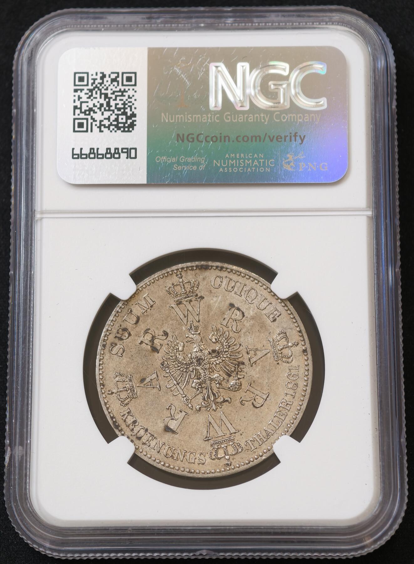 甄臻铺-世界币章拍卖（第54期），3月28日甄品场拍品征集中，送拍享返佣金等优惠多多 NGC-UNCD 1861年普鲁士毛衣1泰勒银币