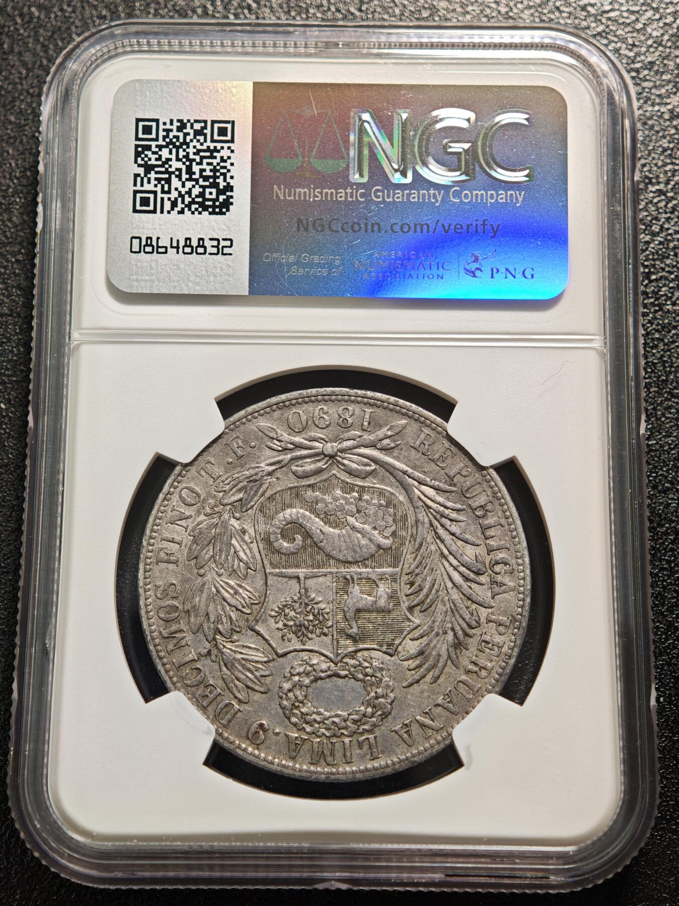 【德藏】世界币章拍卖第167期（拍品征集中~欢迎藏友联系） 1890年 秘鲁1索尔银币 NGC AU50 原味包浆