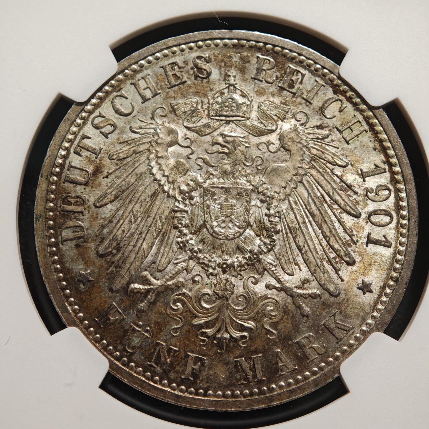 【德藏】世界币章拍卖第167期（拍品征集中~欢迎藏友联系） 1901年 德国普鲁士建国200周年5马克大银币 NGC MS63 深彩包浆 兼备原光及转光