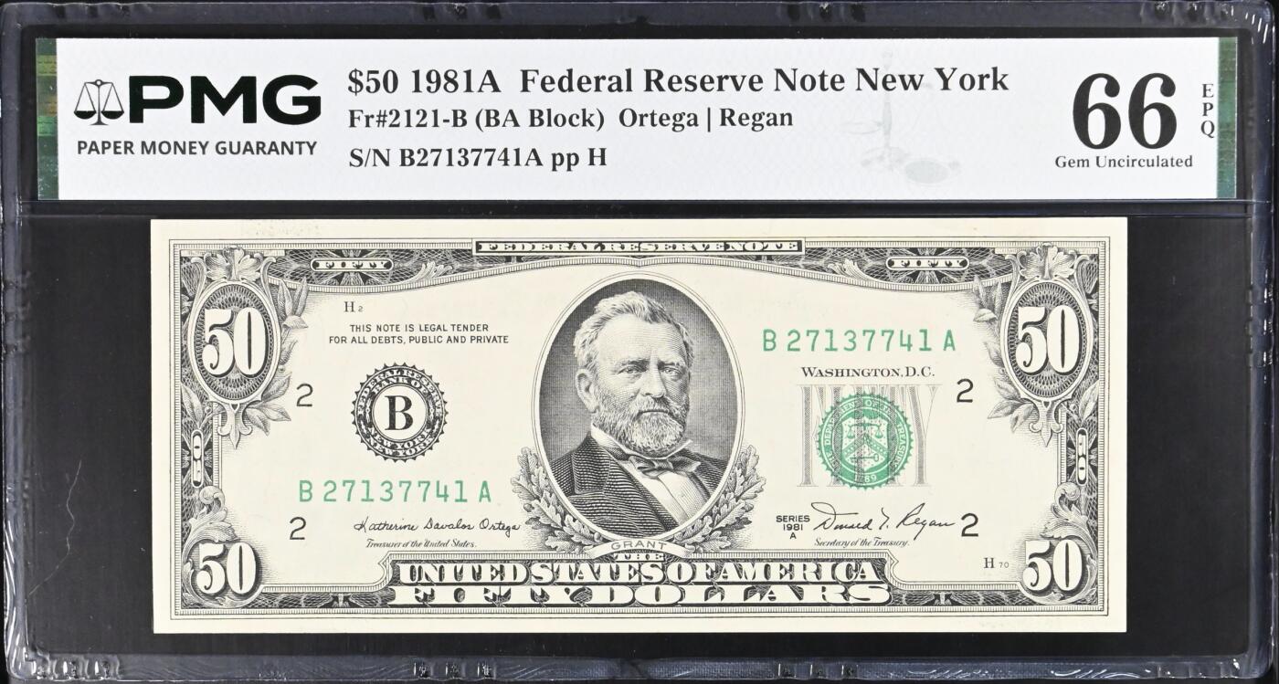 《艾美收藏》第236期-3.15周日外币畅拍 美国50美元 PMG66E 1981年 亚军分