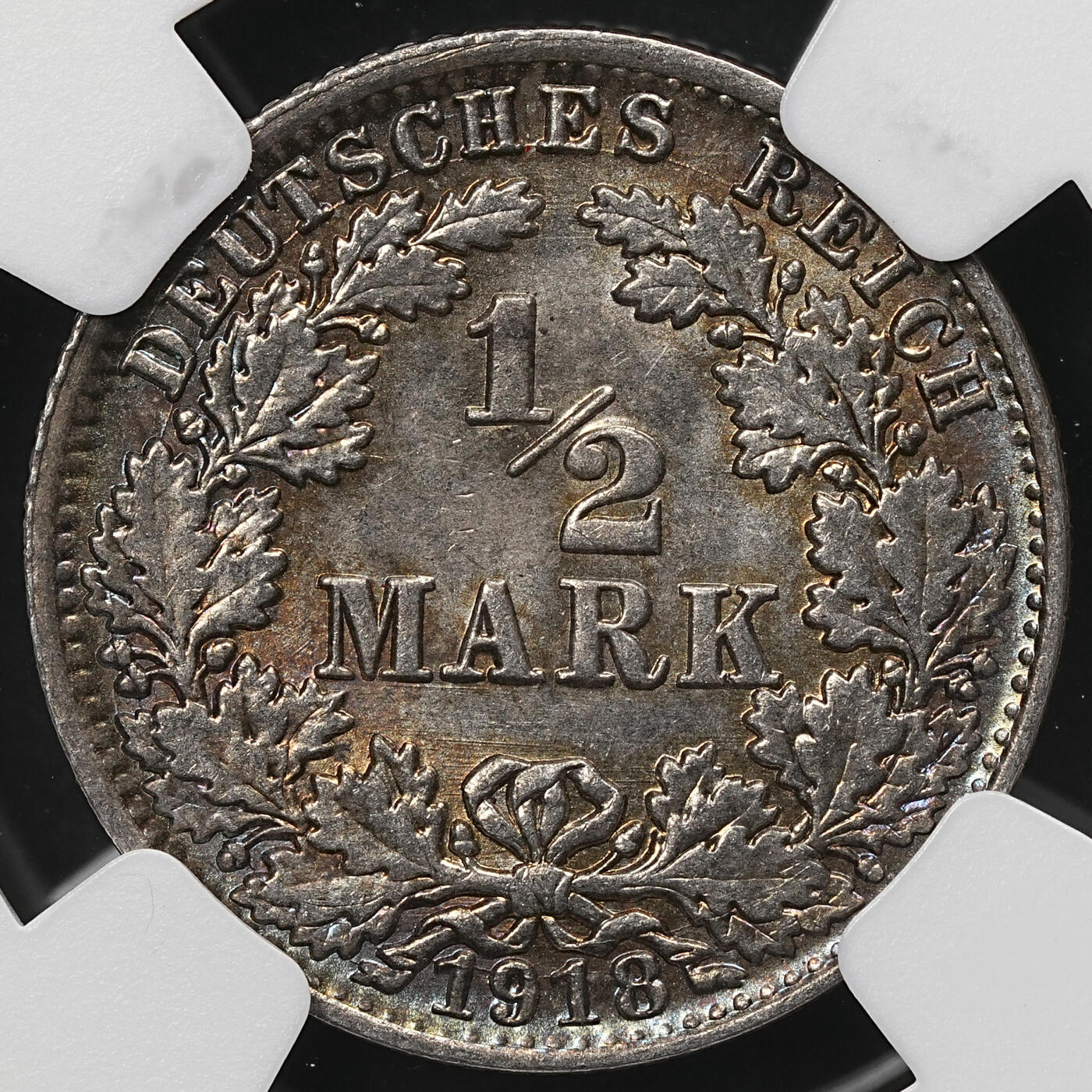 修遠堂世界钱币第107期 NGC MS65 1918年德国1/2马克银币 A厂铭 通体黑彩