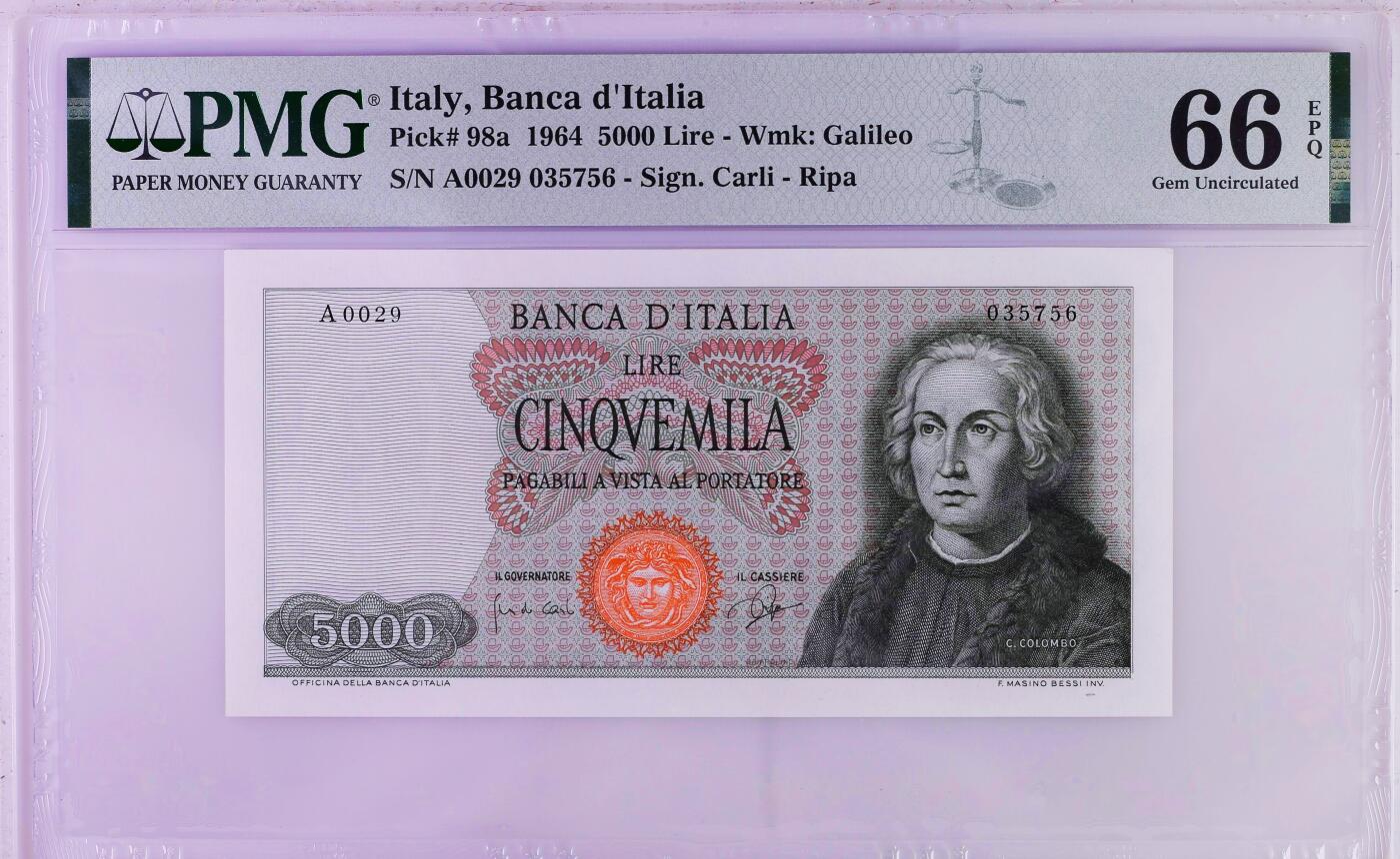 【Blue Auction】世界纸币精拍第794期——18级TOP拍卖/信誉/品质/专业/高效💫 【a版】意大利 1964年5000里拉 哥伦布 PMG66EPQ 