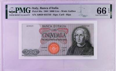 【Blue Auction】世界纸币精拍第794期——18级TOP拍卖/信誉/品质/专业/高效💫 - 【a版】意大利 1964年5000里拉 哥伦布 PMG66EPQ 