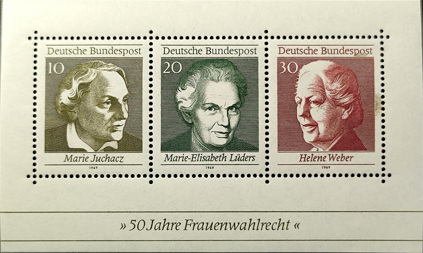 ↓君缘收藏761期☞钱币邮品↓无佣金、可寄存、满30元包邮  德国邮票西德，1969年妇女选举权50周年纪念邮票小全张