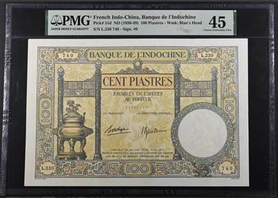 桂P钱币文化工作室拍卖第四十八期 - 法属印支东方汇理银行1936-1939年版壹佰元，PMG45分，大票幅纸币