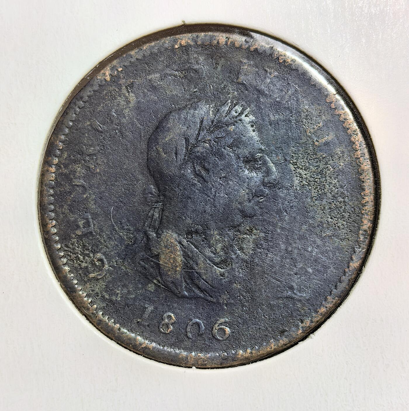 外国优质老铜币银币苏联纪念章，每周六晚九点倒数截拍，满百包邮可寄存，持续收拍 英国乔治三世1806年半便士直径28.6mm，由伯明翰 Soho 造币厂以蒸汽动力铸造，正面为乔治三世桂冠像，背面是象征英国海上霸权的不列颠尼亚坐像，用于解决当时小额假币泛滥、通货短缺的问题。