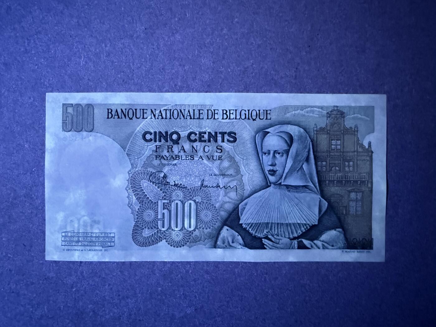 《艾美收藏》第236期-3.15周日外币畅拍 比利时500法郎 AU-UNC 1971年 局部荧光