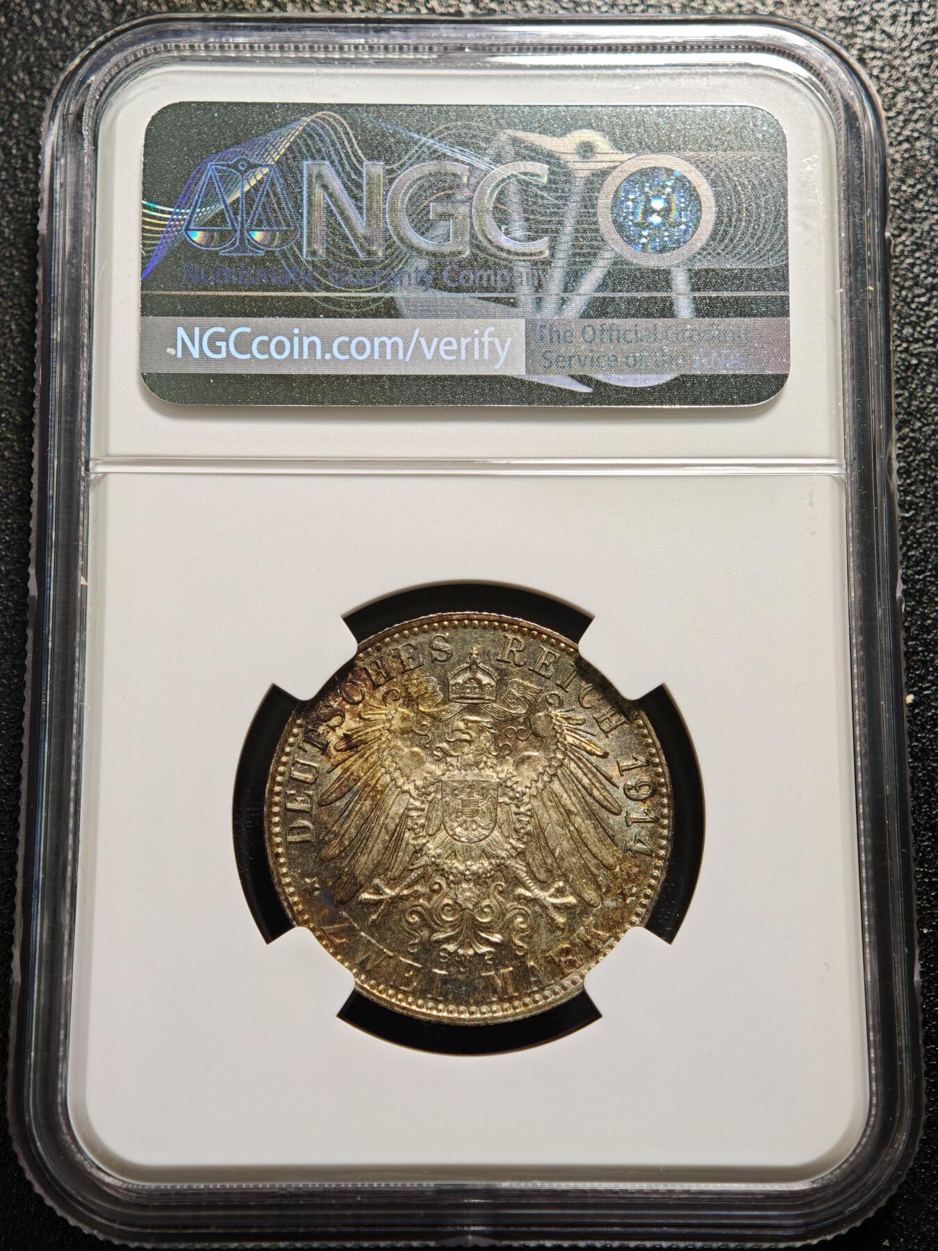 【德藏】世界币章拍卖第167期（拍品征集中~欢迎藏友联系） 1914年 德国巴伐利亚2马克银币 NGC MS63 五彩包浆 状态极佳