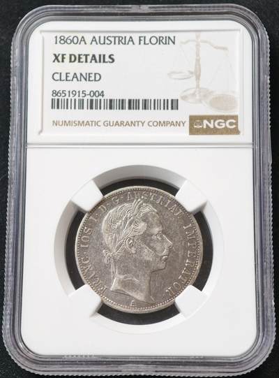 甄臻铺-世界币章拍卖（第54期），3月28日甄品场拍品征集中，送拍享返佣金等优惠多多 - NGC-XF 1860年A版青年约瑟夫1福林银币 弗朗茨约瑟夫 一弗洛林 弗朗茨1福林 成色不错 转光明显 细节完好 900银 克重12.3g 相较老年版造量和存世量都少很多
